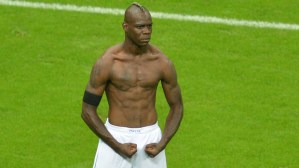 Italy's Mario Balotelli celebrates scoring his side's second goal against Germany in the Euro 2012 semi-final.