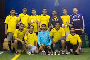 Playoff Champions Manama FC celebrate their 3-0 playoff final win over League Champions Mozambique Stars.